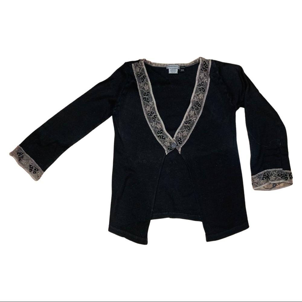 Anonymous lace trim black cotton open front cardigan.